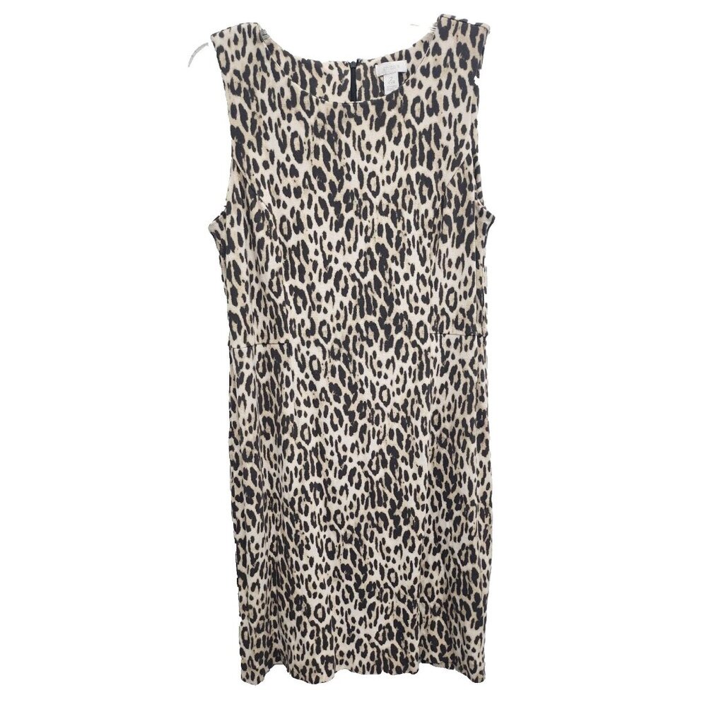 Chicos Womens Sleeveless Sheath Dress Large Tan Black Animal Print Ponte Carrier